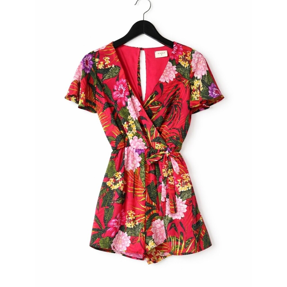 Everly Pink Tropical Floral Print Crossover Short Sleeve Elastic Waist Romper